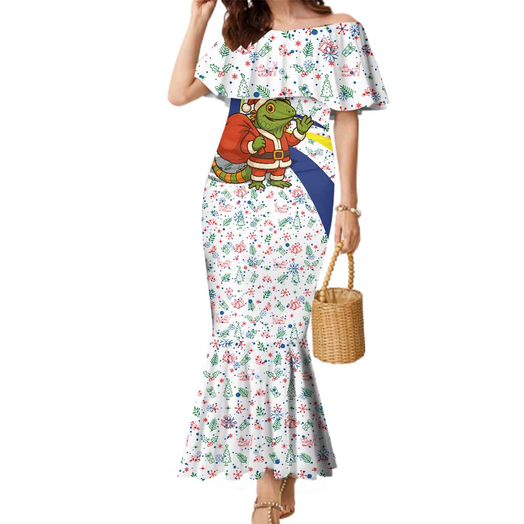 Curacao Christmas Family Matching Mermaid Dress and Hawaiian Shirt with Santa Lizard Crown Gifts Snowflakes and Holiday Icons Design - Wonder Print Shop