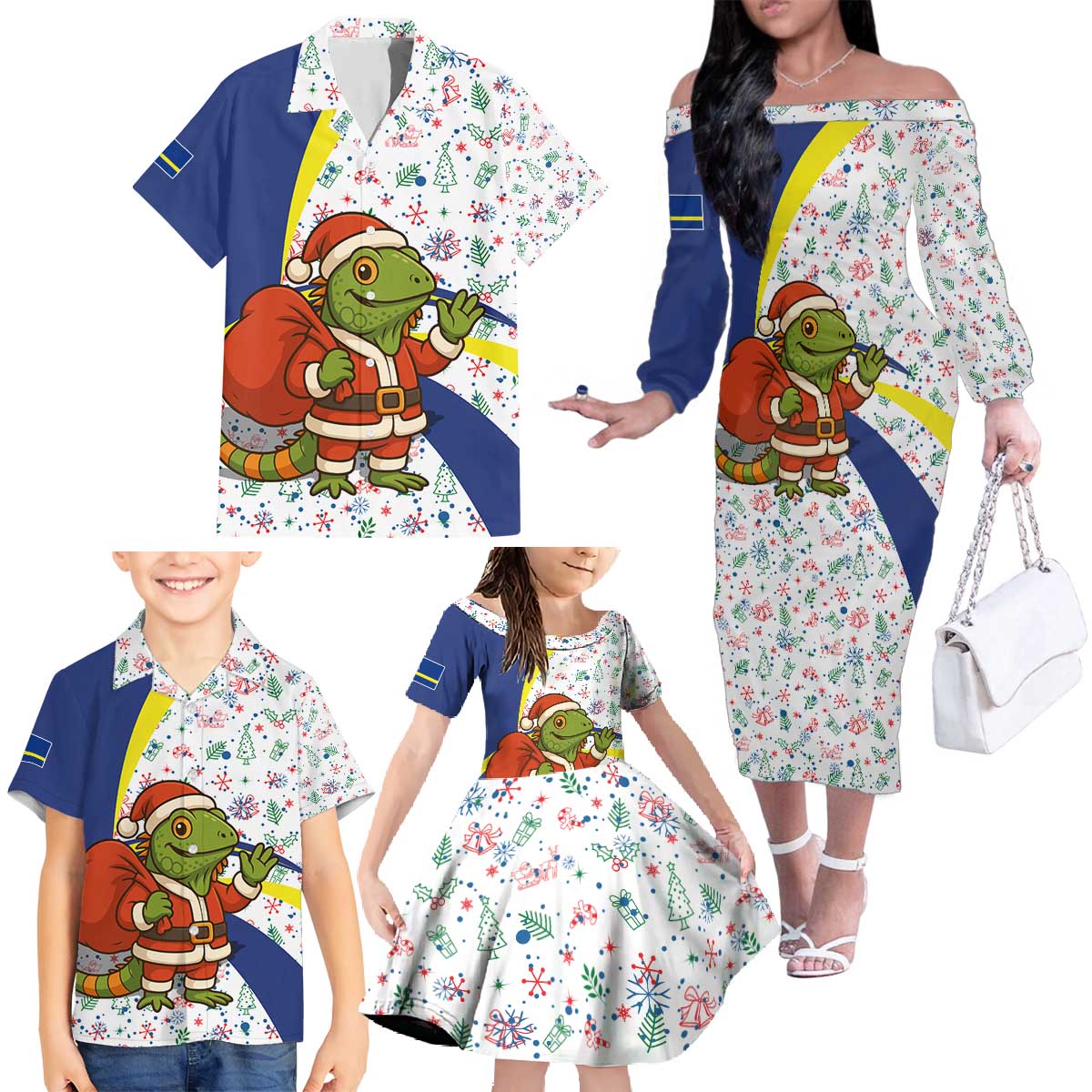 Curacao Christmas Family Matching Off The Shoulder Long Sleeve Dress and Hawaiian Shirt with Santa Lizard Crown Gifts Snowflakes and Holiday Icons Design - Wonder Print Shop
