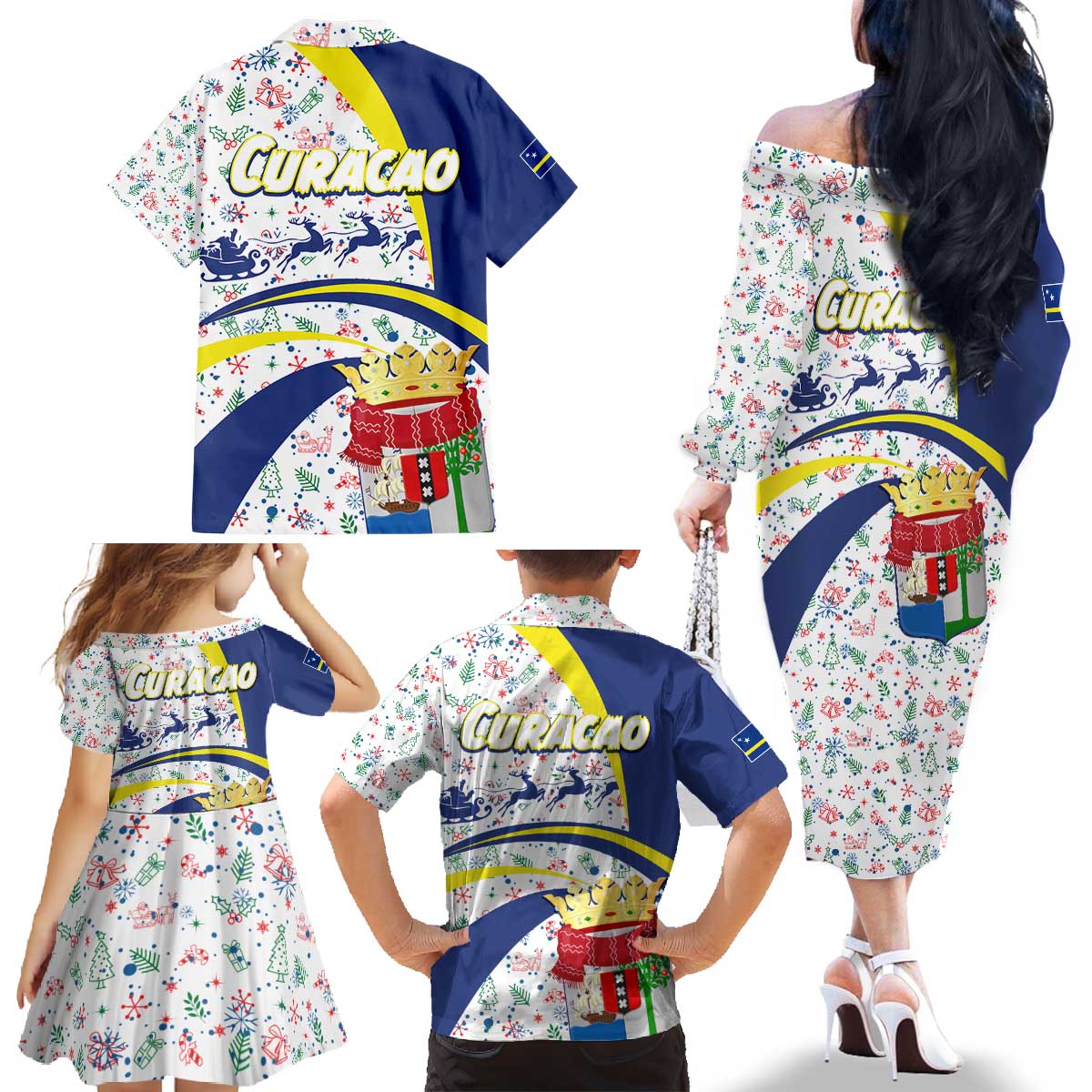 Curacao Christmas Family Matching Off The Shoulder Long Sleeve Dress and Hawaiian Shirt with Santa Lizard Crown Gifts Snowflakes and Holiday Icons Design - Wonder Print Shop