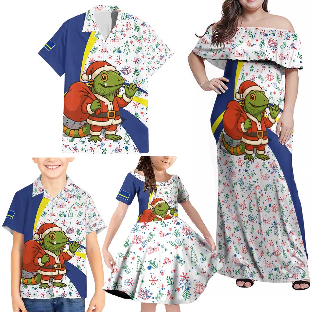 Curacao Christmas Family Matching Off Shoulder Maxi Dress and Hawaiian Shirt with Santa Lizard Crown Gifts Snowflakes and Holiday Icons Design - Wonder Print Shop