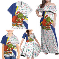 Curacao Christmas Family Matching Off Shoulder Maxi Dress and Hawaiian Shirt with Santa Lizard Crown Gifts Snowflakes and Holiday Icons Design - Wonder Print Shop