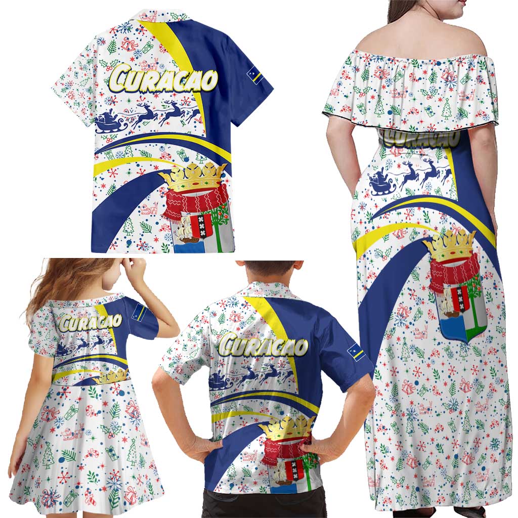 Curacao Christmas Family Matching Off Shoulder Maxi Dress and Hawaiian Shirt with Santa Lizard Crown Gifts Snowflakes and Holiday Icons Design - Wonder Print Shop