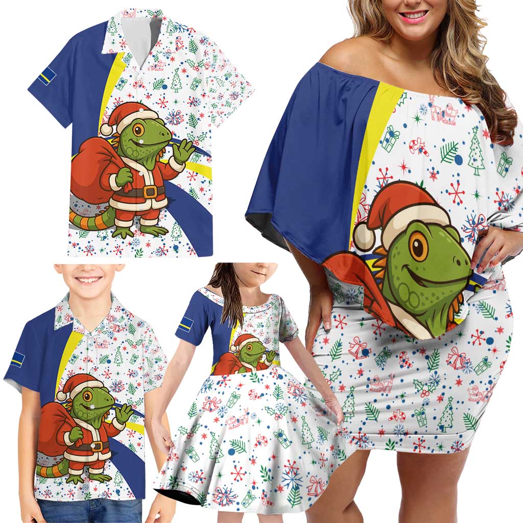 Curacao Christmas Family Matching Off Shoulder Short Dress and Hawaiian Shirt with Santa Lizard Crown Gifts Snowflakes and Holiday Icons Design - Wonder Print Shop
