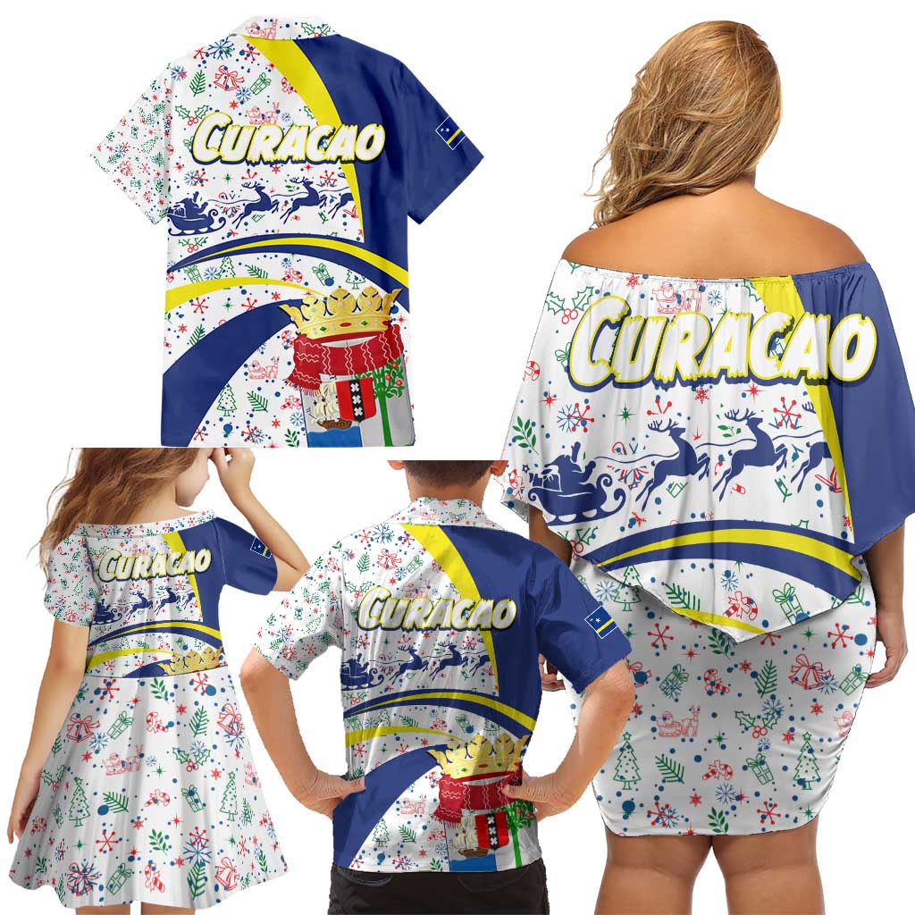 Curacao Christmas Family Matching Off Shoulder Short Dress and Hawaiian Shirt with Santa Lizard Crown Gifts Snowflakes and Holiday Icons Design - Wonder Print Shop