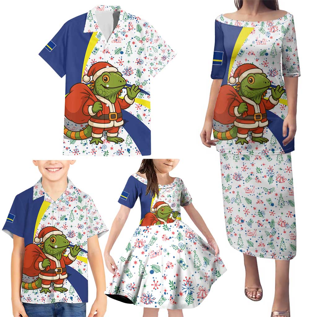 Curacao Christmas Family Matching Puletasi and Hawaiian Shirt with Santa Lizard Crown Gifts Snowflakes and Holiday Icons Design - Wonder Print Shop