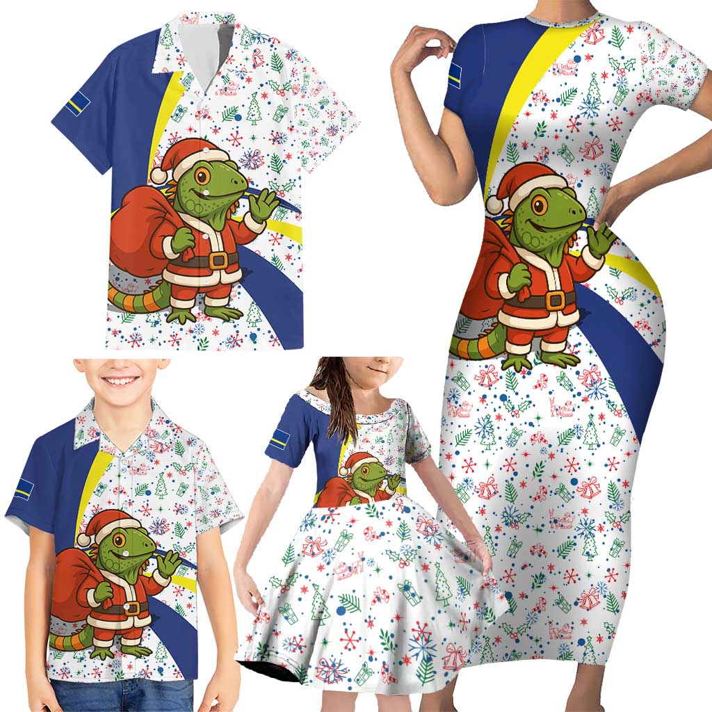 Curacao Christmas Family Matching Short Sleeve Bodycon Dress and Hawaiian Shirt with Santa Lizard Crown Gifts Snowflakes and Holiday Icons Design - Wonder Print Shop