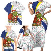 Curacao Christmas Family Matching Short Sleeve Bodycon Dress and Hawaiian Shirt with Santa Lizard Crown Gifts Snowflakes and Holiday Icons Design - Wonder Print Shop