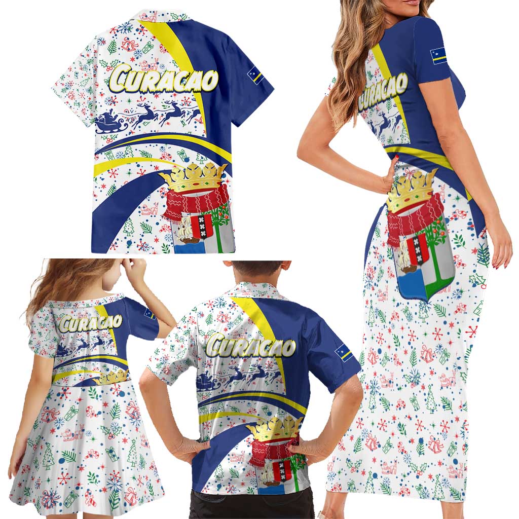Curacao Christmas Family Matching Short Sleeve Bodycon Dress and Hawaiian Shirt with Santa Lizard Crown Gifts Snowflakes and Holiday Icons Design - Wonder Print Shop