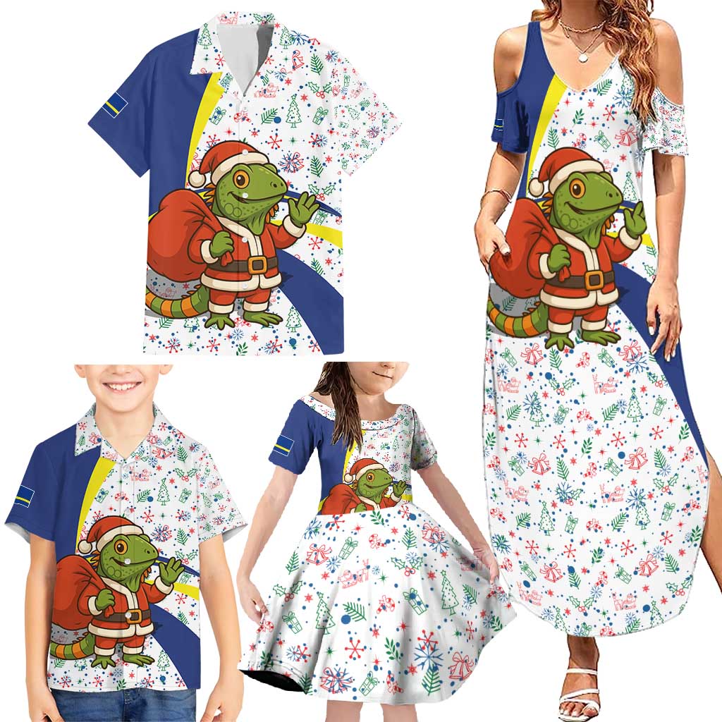 Curacao Christmas Family Matching Summer Maxi Dress and Hawaiian Shirt with Santa Lizard Crown Gifts Snowflakes and Holiday Icons Design - Wonder Print Shop