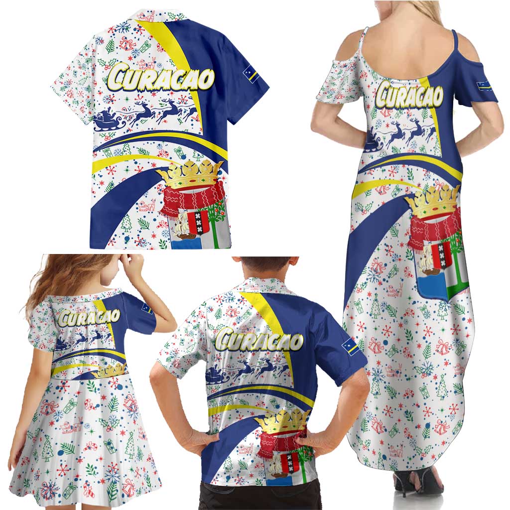Curacao Christmas Family Matching Summer Maxi Dress and Hawaiian Shirt with Santa Lizard Crown Gifts Snowflakes and Holiday Icons Design - Wonder Print Shop