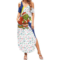 Curacao Christmas Family Matching Summer Maxi Dress and Hawaiian Shirt with Santa Lizard Crown Gifts Snowflakes and Holiday Icons Design - Wonder Print Shop