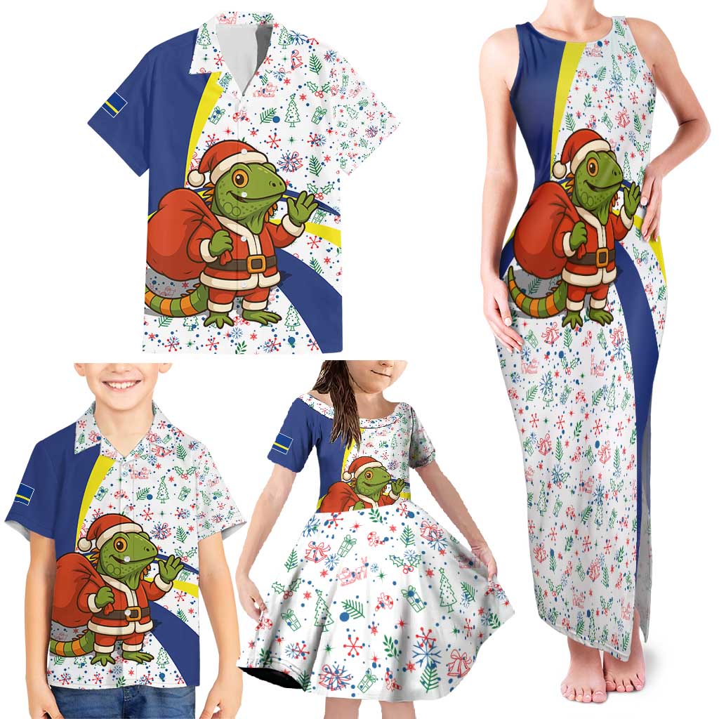 Curacao Christmas Family Matching Tank Maxi Dress and Hawaiian Shirt with Santa Lizard Crown Gifts Snowflakes and Holiday Icons Design - Wonder Print Shop