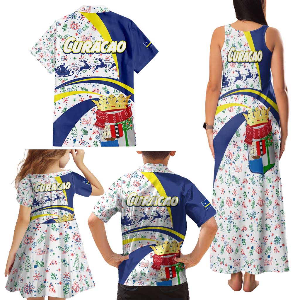 Curacao Christmas Family Matching Tank Maxi Dress and Hawaiian Shirt with Santa Lizard Crown Gifts Snowflakes and Holiday Icons Design - Wonder Print Shop