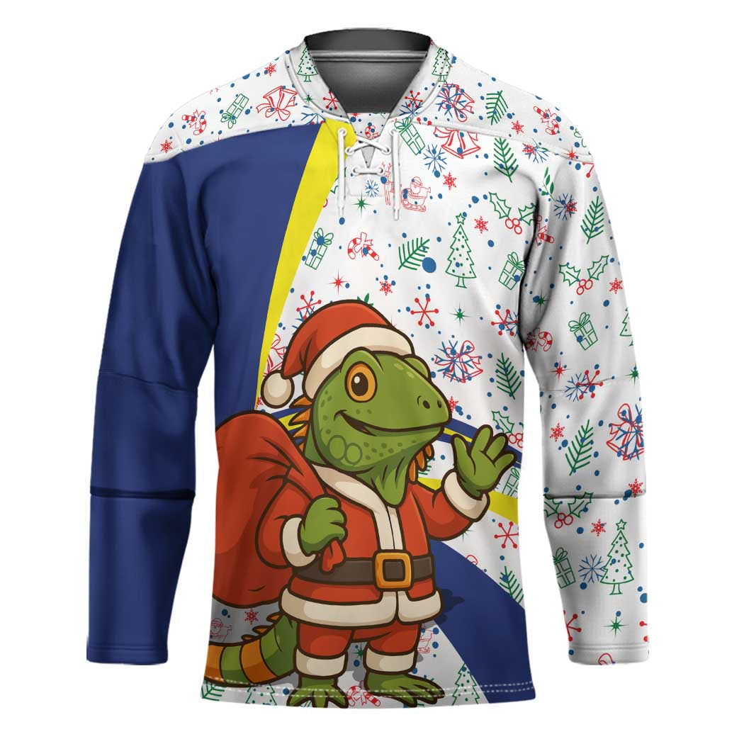 Curacao Christmas Hockey Jersey with Santa Lizard Crown Gifts Snowflakes and Holiday Icons Design - Wonder Print Shop