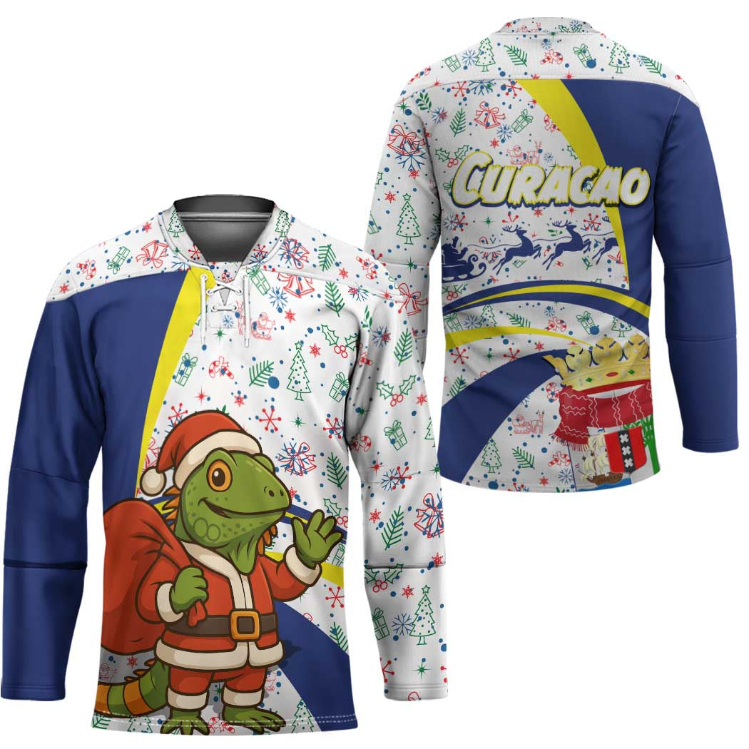 Curacao Christmas Hockey Jersey with Santa Lizard Crown Gifts Snowflakes and Holiday Icons Design - Wonder Print Shop