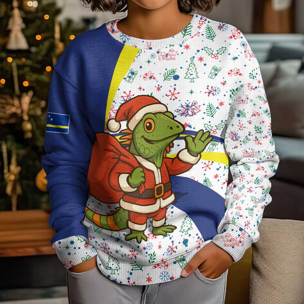 Curacao Christmas Kid Ugly Christmas Sweater with Santa Lizard Crown Gifts Snowflakes and Holiday Icons Design - Wonder Print Shop