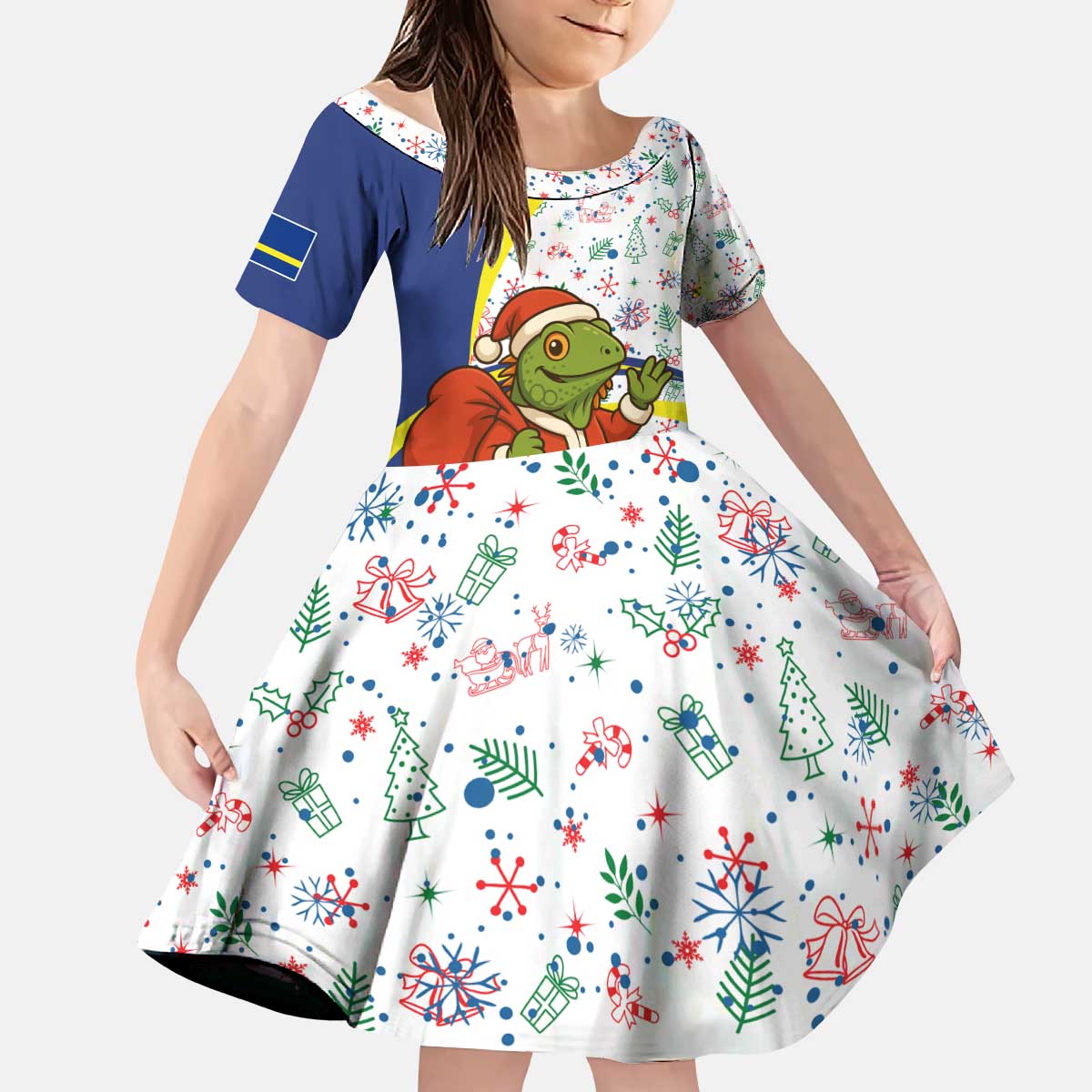 Curacao Christmas Kid Short Sleeve Dress with Santa Lizard Crown Gifts Snowflakes and Holiday Icons Design - Wonder Print Shop