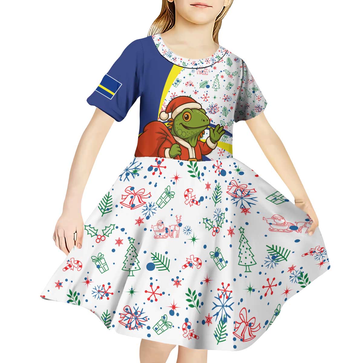 Curacao Christmas Kid Short Sleeve Dress with Santa Lizard Crown Gifts Snowflakes and Holiday Icons Design - Wonder Print Shop