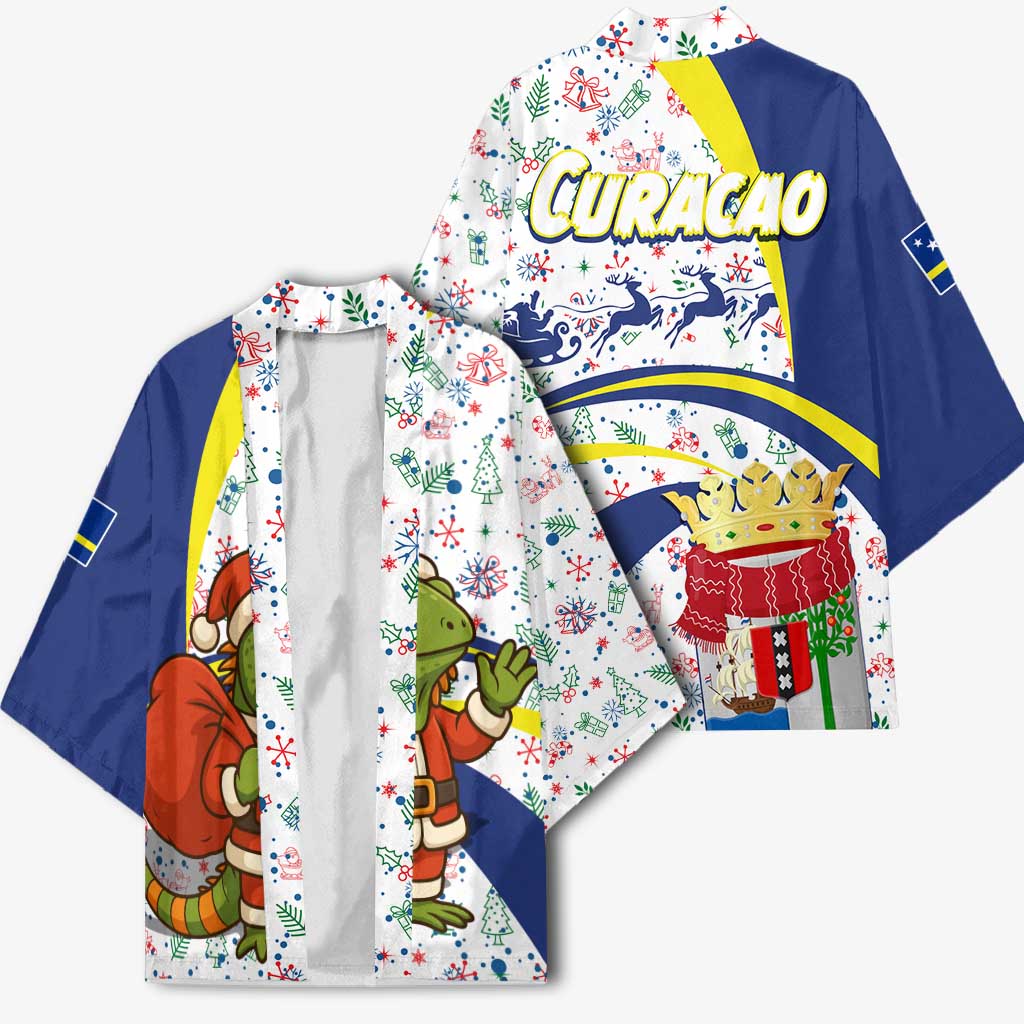 Curacao Christmas Kimono with Santa Lizard Crown Gifts Snowflakes and Holiday Icons Design - Wonder Print Shop