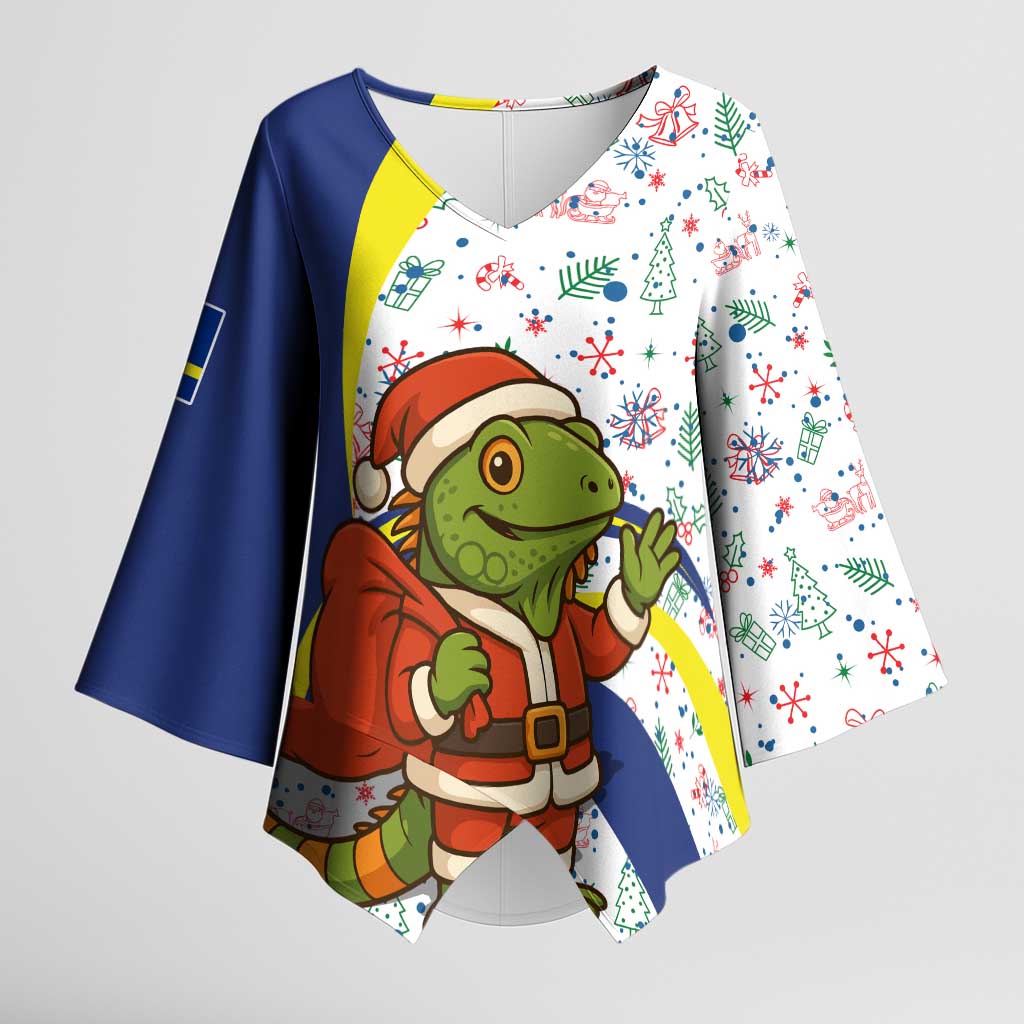 Curacao Christmas Kimono Sleeve Blouse with Santa Lizard Crown Gifts Snowflakes and Holiday Icons Design - Wonder Print Shop