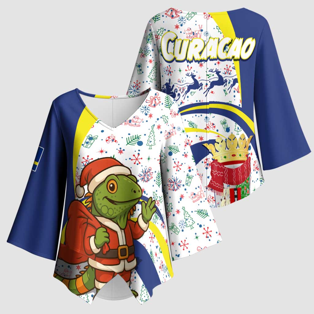 Curacao Christmas Kimono Sleeve Blouse with Santa Lizard Crown Gifts Snowflakes and Holiday Icons Design - Wonder Print Shop