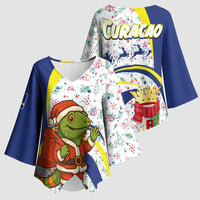 Curacao Christmas Kimono Sleeve Blouse with Santa Lizard Crown Gifts Snowflakes and Holiday Icons Design - Wonder Print Shop