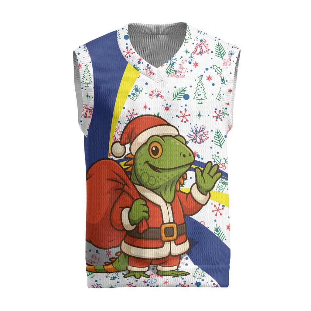 Curacao Christmas Knitted V-Neck Vest with Santa Lizard Crown Gifts Snowflakes and Holiday Icons Design - Wonder Print Shop