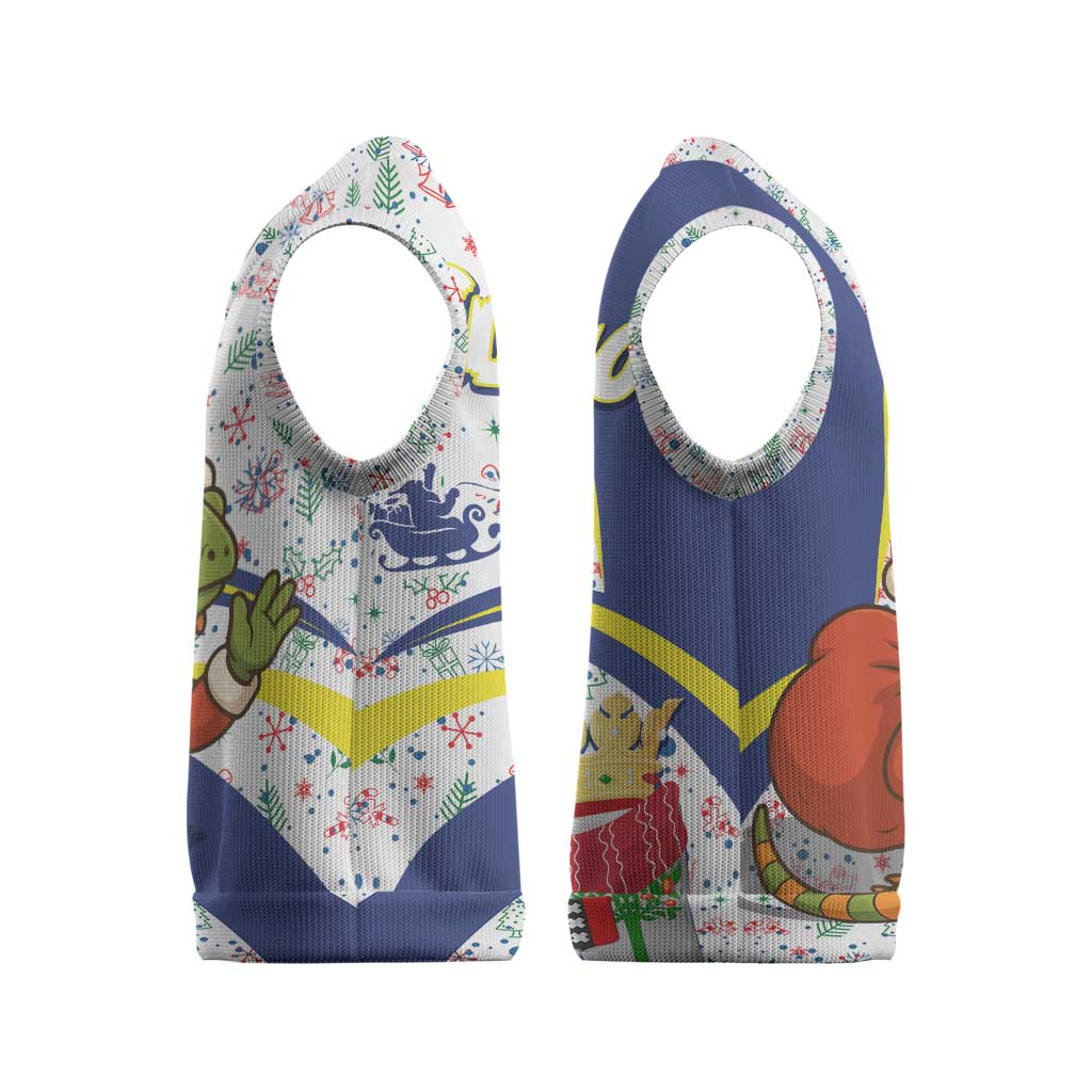 Curacao Christmas Knitted V-Neck Vest with Santa Lizard Crown Gifts Snowflakes and Holiday Icons Design - Wonder Print Shop