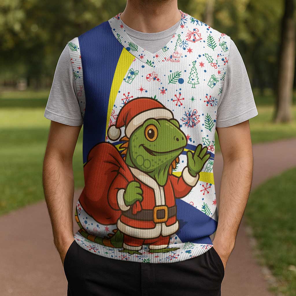 Curacao Christmas Knitted V-Neck Vest with Santa Lizard Crown Gifts Snowflakes and Holiday Icons Design - Wonder Print Shop