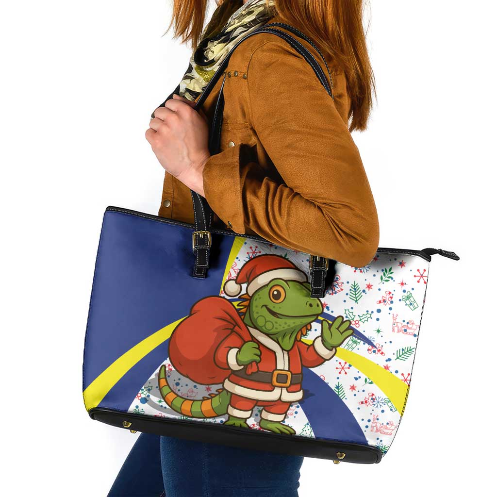 Curacao Christmas Leather Tote Bag with Santa Lizard Crown Gifts Snowflakes and Holiday Icons Design - Wonder Print Shop