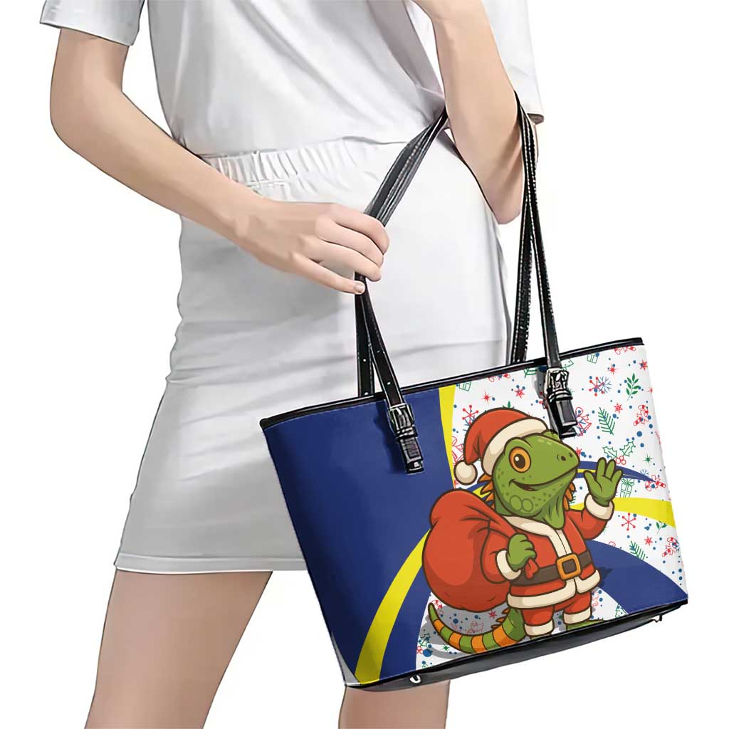 Curacao Christmas Leather Tote Bag with Santa Lizard Crown Gifts Snowflakes and Holiday Icons Design - Wonder Print Shop