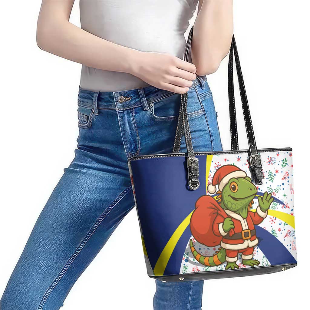 Curacao Christmas Leather Tote Bag with Santa Lizard Crown Gifts Snowflakes and Holiday Icons Design - Wonder Print Shop