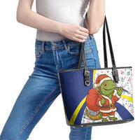 Curacao Christmas Leather Tote Bag with Santa Lizard Crown Gifts Snowflakes and Holiday Icons Design - Wonder Print Shop