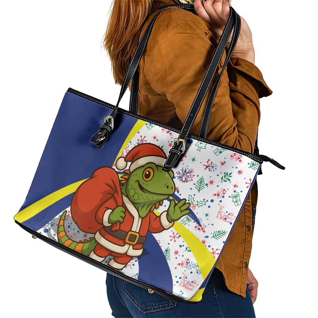 Curacao Christmas Leather Tote Bag with Santa Lizard Crown Gifts Snowflakes and Holiday Icons Design - Wonder Print Shop