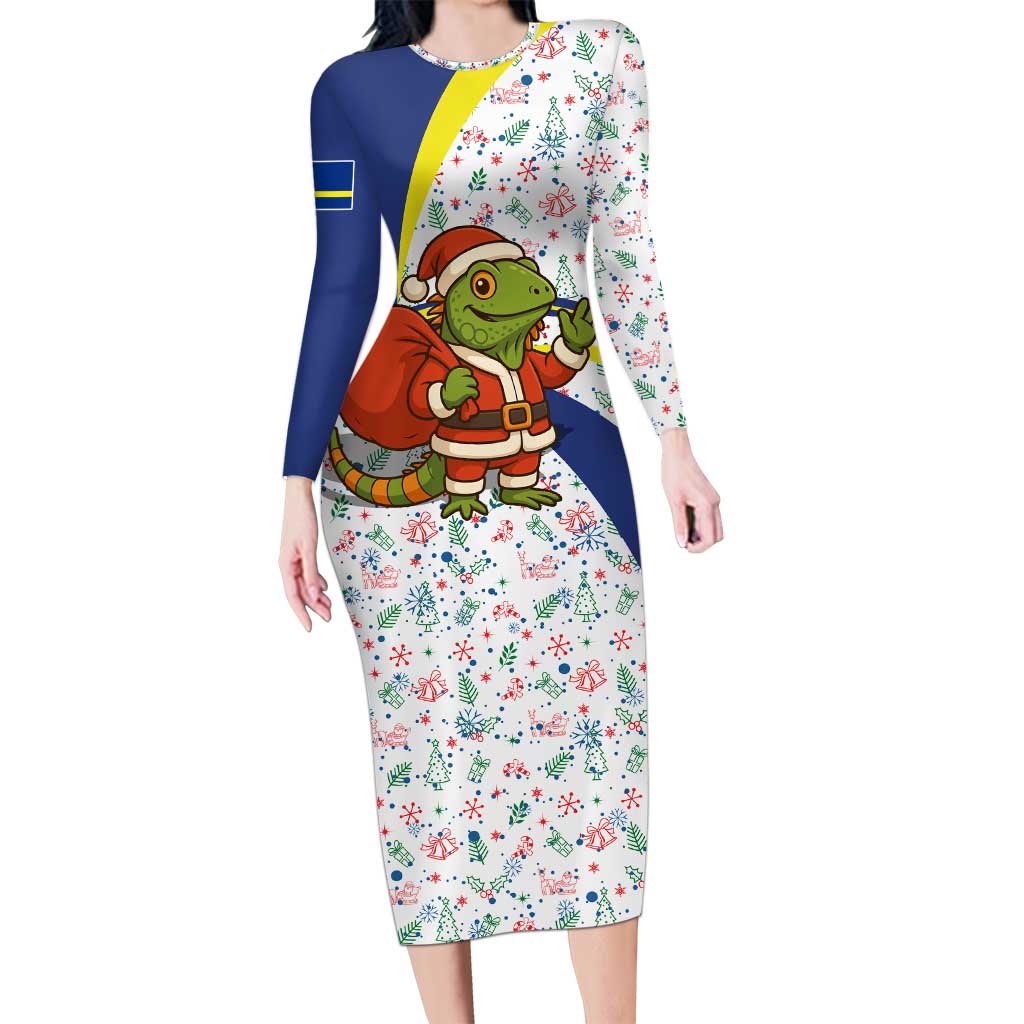 Curacao Christmas Long Sleeve Bodycon Dress with Santa Lizard Crown Gifts Snowflakes and Holiday Icons Design - Wonder Print Shop