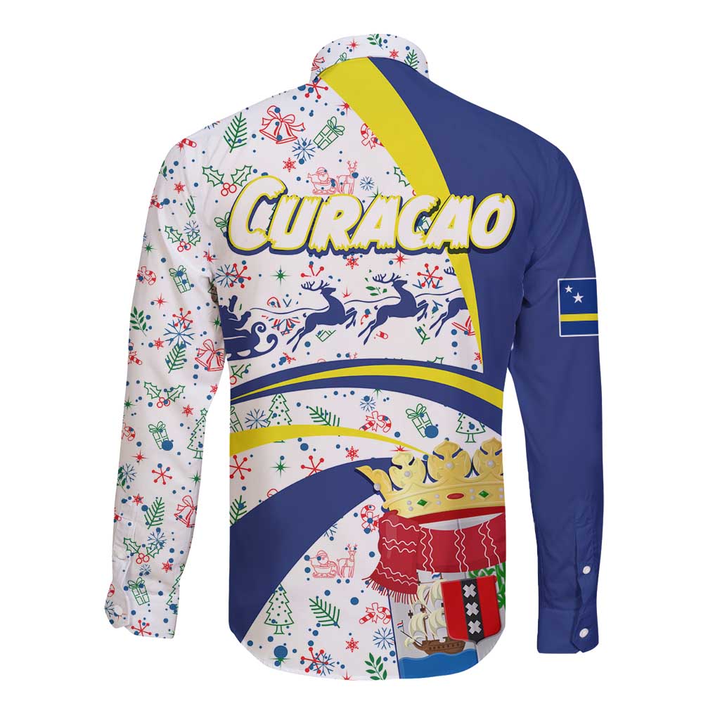 Curacao Christmas Long Sleeve Button Shirt with Santa Lizard Crown Gifts Snowflakes and Holiday Icons Design - Wonder Print Shop