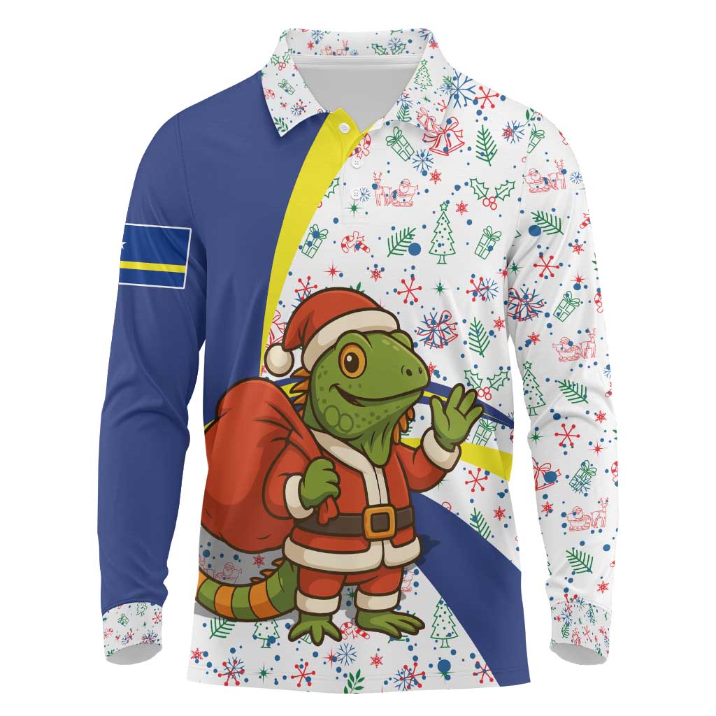 Curacao Christmas Long Sleeve Polo Shirt with Santa Lizard Crown Gifts Snowflakes and Holiday Icons Design - Wonder Print Shop