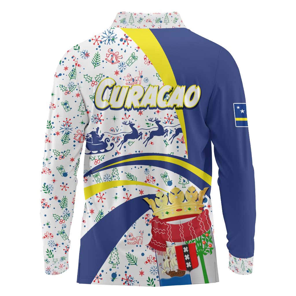 Curacao Christmas Long Sleeve Polo Shirt with Santa Lizard Crown Gifts Snowflakes and Holiday Icons Design - Wonder Print Shop