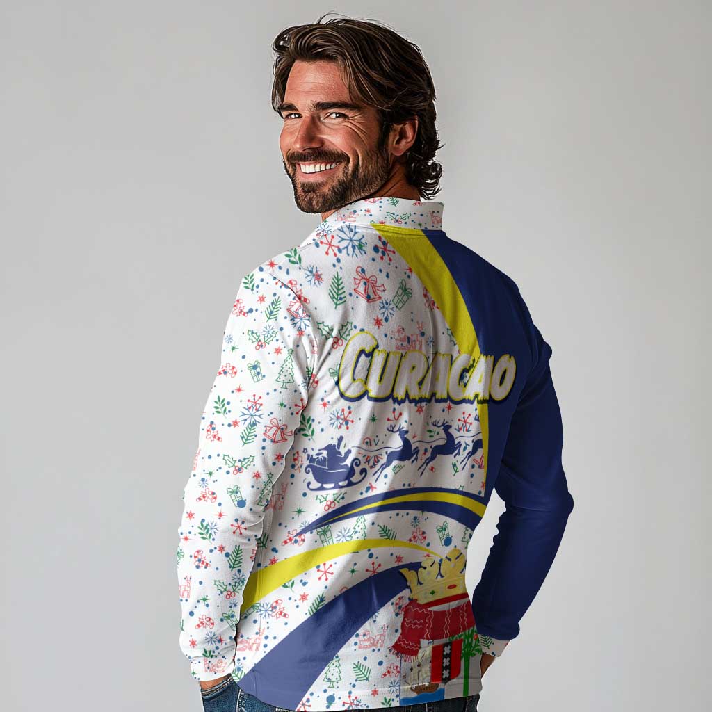 Curacao Christmas Long Sleeve Polo Shirt with Santa Lizard Crown Gifts Snowflakes and Holiday Icons Design - Wonder Print Shop