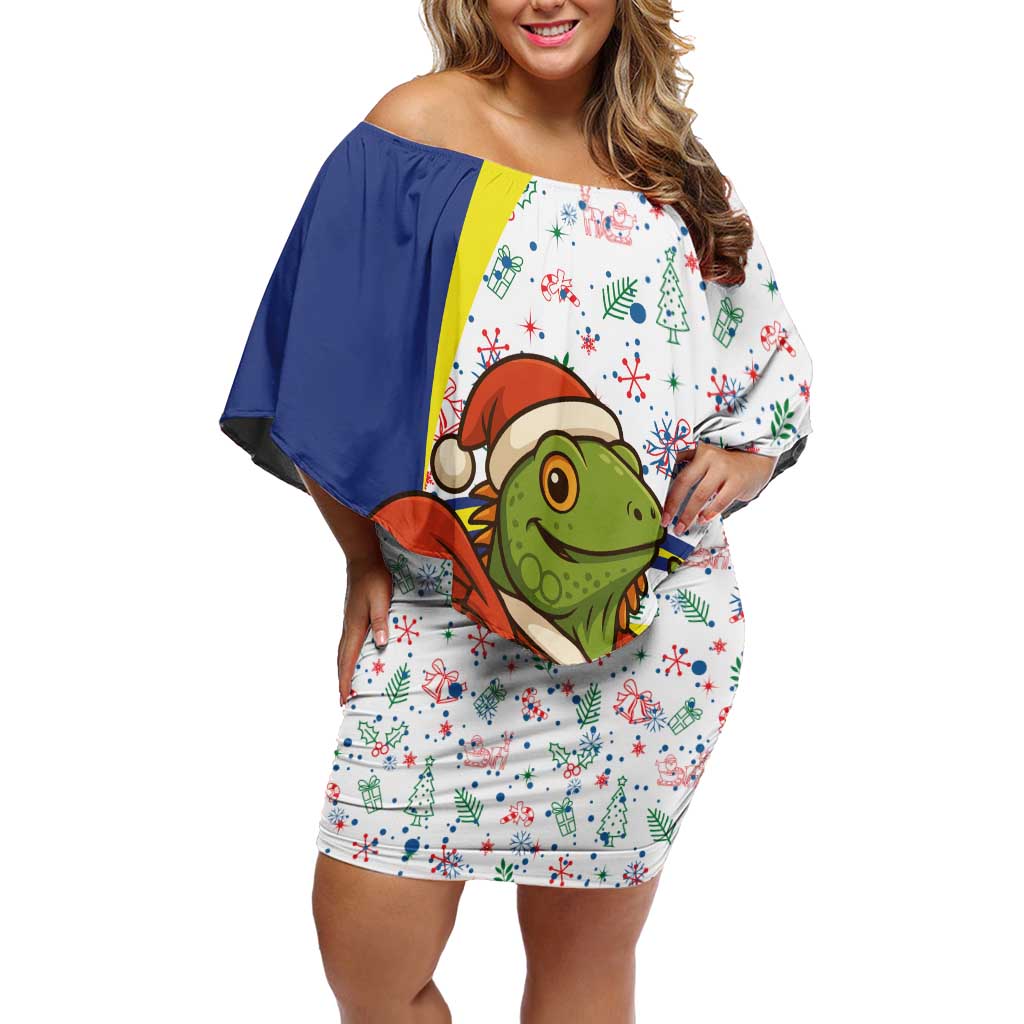Curacao Christmas Off Shoulder Short Dress with Santa Lizard Crown Gifts Snowflakes and Holiday Icons Design - Wonder Print Shop