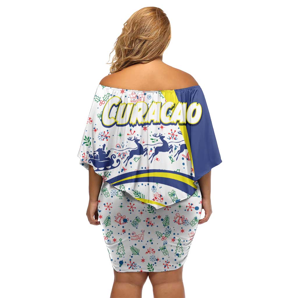 Curacao Christmas Off Shoulder Short Dress with Santa Lizard Crown Gifts Snowflakes and Holiday Icons Design - Wonder Print Shop