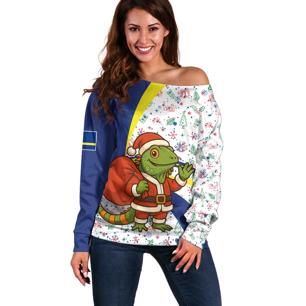 Curacao Christmas Off Shoulder Sweater with Santa Lizard Crown Gifts Snowflakes and Holiday Icons Design - Wonder Print Shop