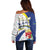 Curacao Christmas Off Shoulder Sweater with Santa Lizard Crown Gifts Snowflakes and Holiday Icons Design - Wonder Print Shop