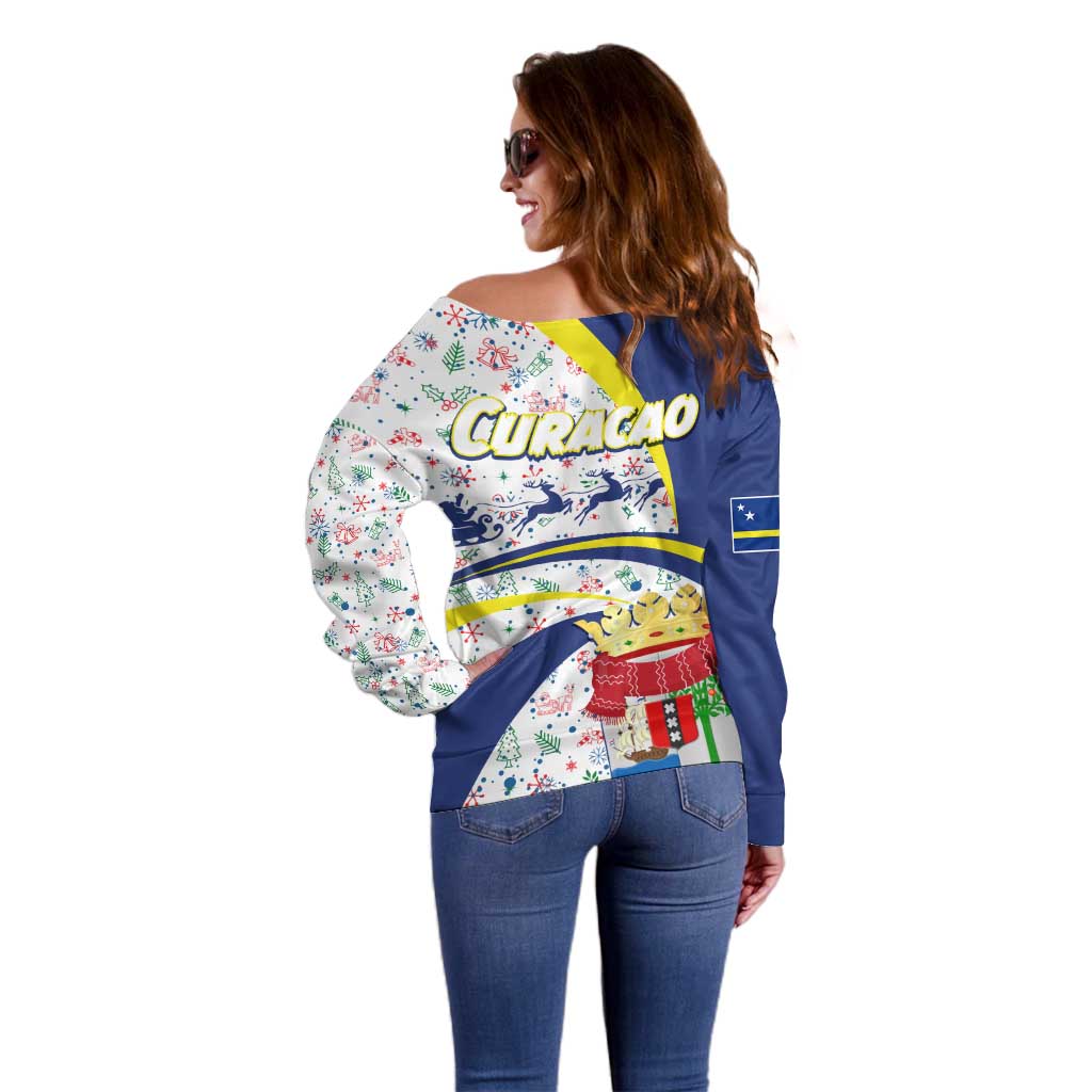 Curacao Christmas Off Shoulder Sweater with Santa Lizard Crown Gifts Snowflakes and Holiday Icons Design - Wonder Print Shop