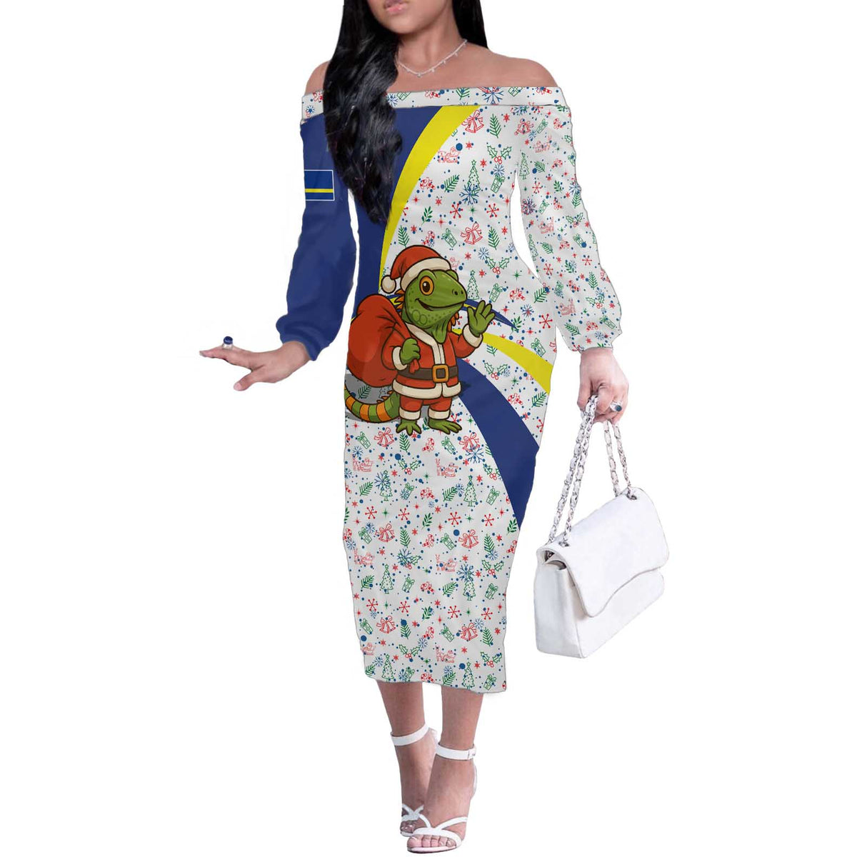Curacao Christmas Off The Shoulder Long Sleeve Dress with Santa Lizard Crown Gifts Snowflakes and Holiday Icons Design - Wonder Print Shop
