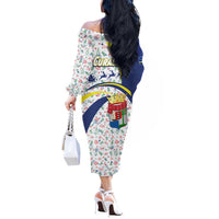 Curacao Christmas Off The Shoulder Long Sleeve Dress with Santa Lizard Crown Gifts Snowflakes and Holiday Icons Design - Wonder Print Shop