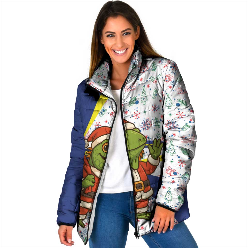 Curacao Christmas Padded Jacket with Santa Lizard Crown Gifts Snowflakes and Holiday Icons Design - Wonder Print Shop