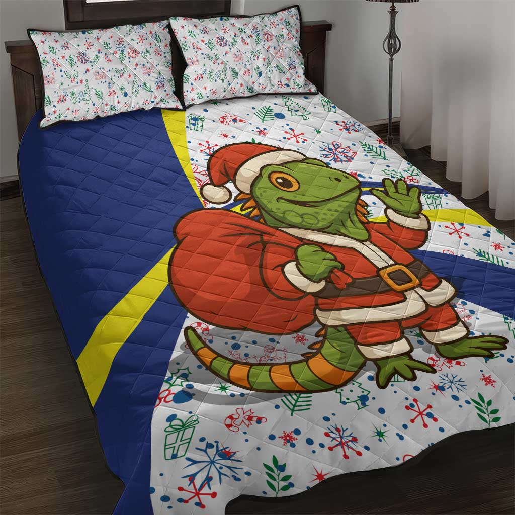 Curacao Christmas Quilt Bed Set with Santa Lizard Crown Gifts Snowflakes and Holiday Icons Design - Wonder Print Shop