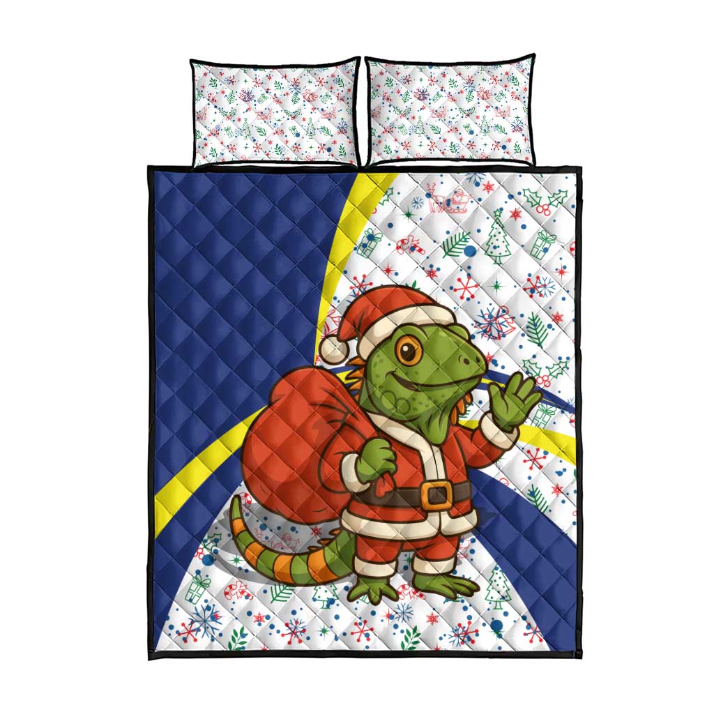 Curacao Christmas Quilt Bed Set with Santa Lizard Crown Gifts Snowflakes and Holiday Icons Design - Wonder Print Shop