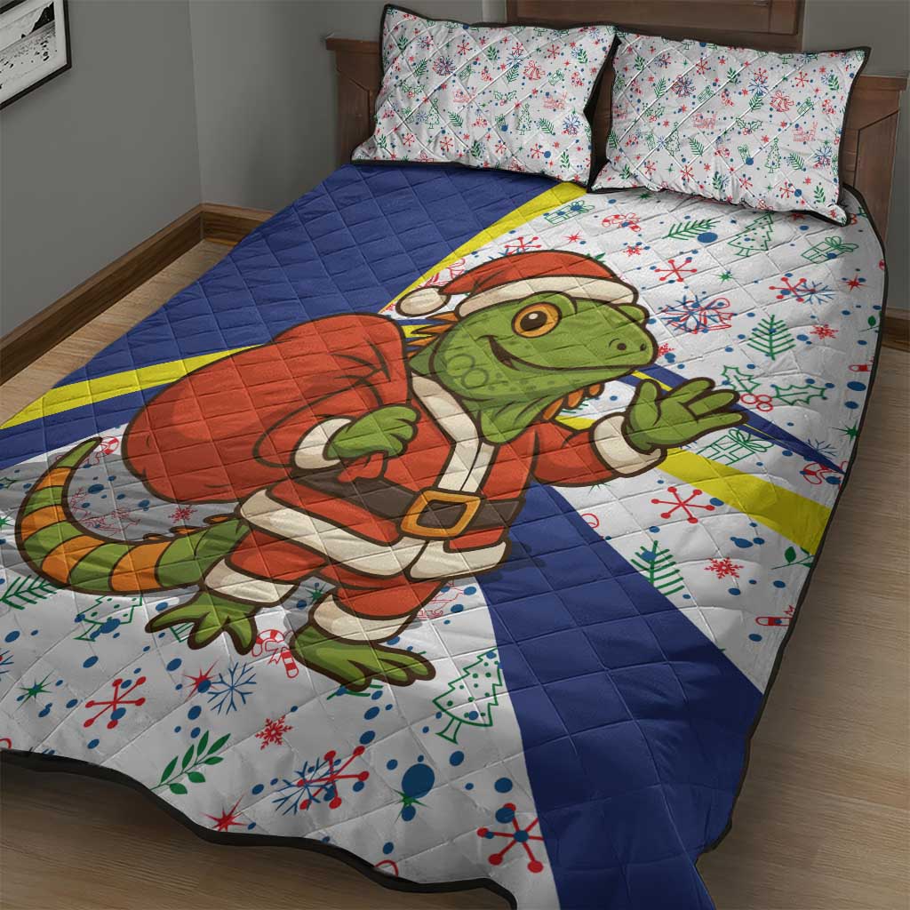 Curacao Christmas Quilt Bed Set with Santa Lizard Crown Gifts Snowflakes and Holiday Icons Design - Wonder Print Shop